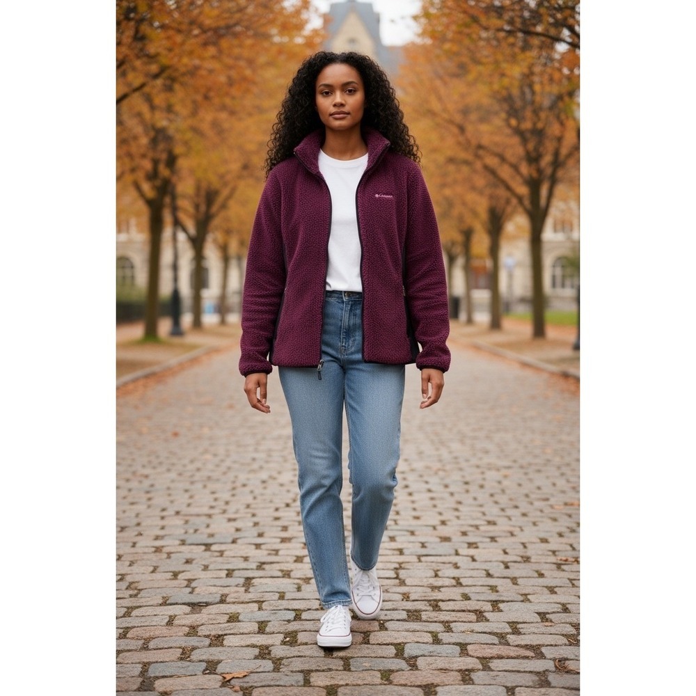 Columbia Women's Fleece Jacket Full Zip Up Plum Burgundy Black‎ Outdoors Size L